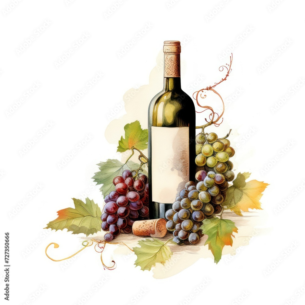 illustration of a branch of dark black grapes and one bottle of wine with a label without text with empty space for inscription on a white background. winemaking concept, postcard