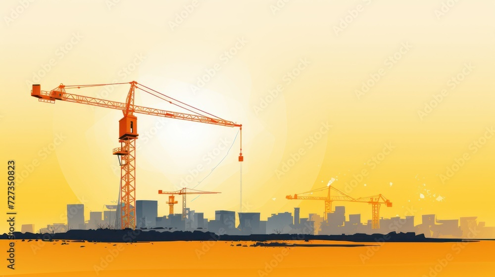 illustration drawing of a crane against the backdrop of the city in the evening and sunset in orange tones. concept construction, city, building illustration drawing of a crane against the backdrop of the city in the evening and sunset in orange tones. concept construction, city, building