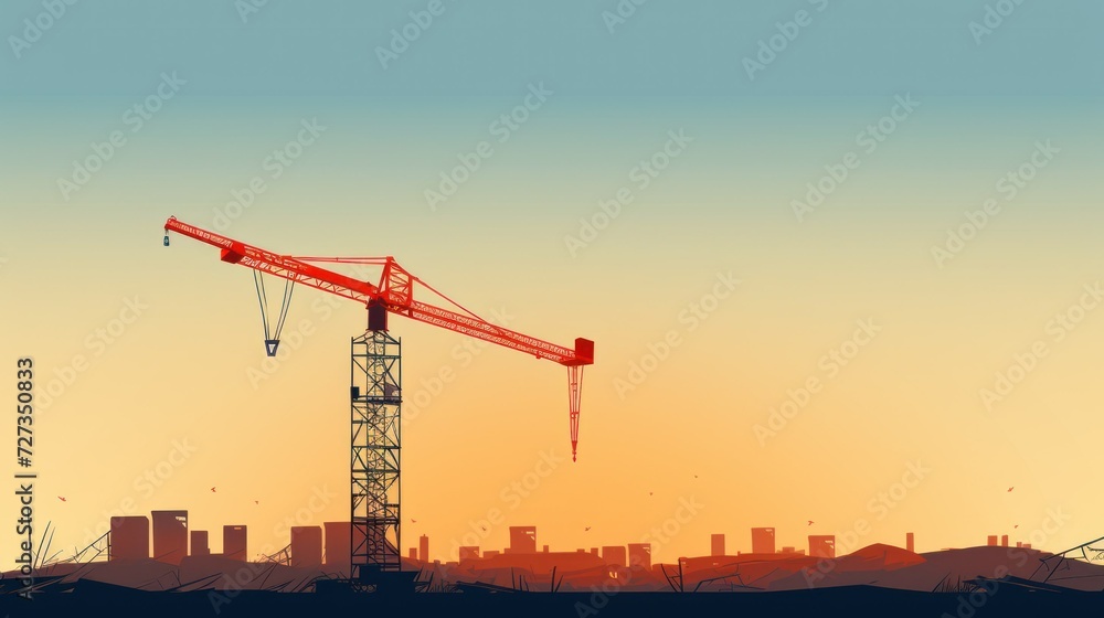 illustration drawing of a crane against the backdrop of the city in the evening and sunset in orange tones. concept construction, city,  building
