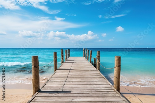 Wooden jetty over the clean blue sea or ocean on tropical beach on sunny summer day