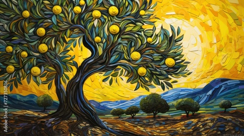illustration painted with acrylic. lemon Sicilian tree and southern sunny landscape. concept painting, sicily, sun, lemons