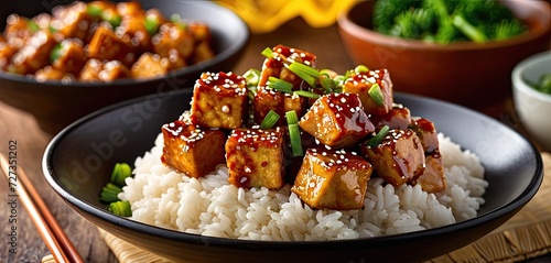 Rice, tofu, dinner. Tso s sesame tofu, rice, dinner. Glazed tofu cubes on rice, garnished with sesame seeds, green onions in bowl on wooden table. photo