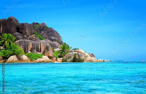 West coast of Island La Digue, Republic of Seychelles, Africa. #727351210