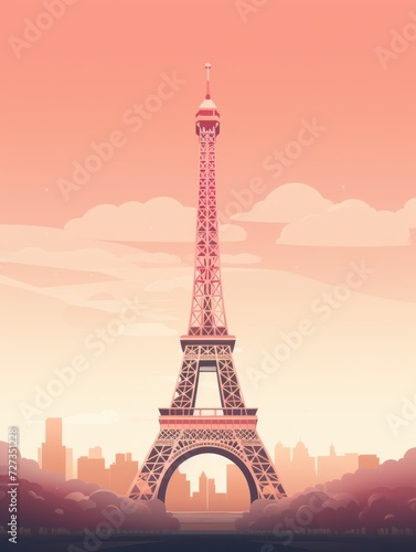 illustration postcard with the image of the tower of paris. eiffel madness on pink and peach background retro style. concept France, tower, postcard