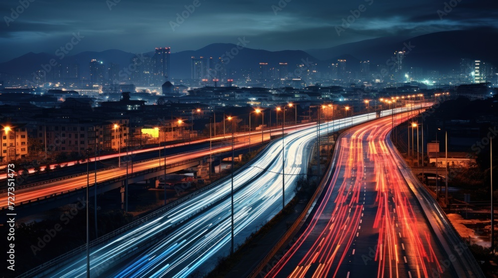 Obraz premium High speed urban traffic on a city highway at night. Generate AI image