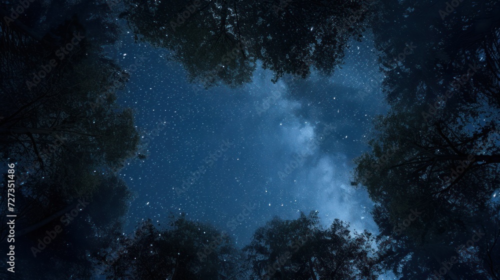 photo depicting a night forest and sky with stars with empty free space for text. concept blue, sky, space, night, background, banner