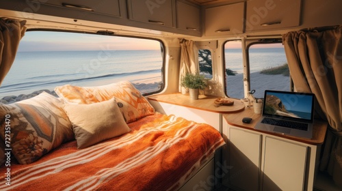 Interior of camper van mobile home with table and ocean sea view. Laptop computer and connection everywhere concept. Smart working alternative office. Travel lifestyle and work offline  © Aksana