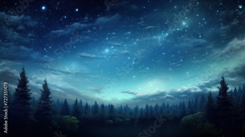 night forest night view of the starry sky and night trees, concept nature, night, stars, space for text, banner