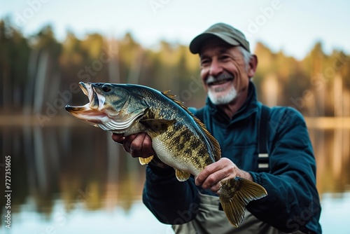 An old fisherman proudly shows off his catch.