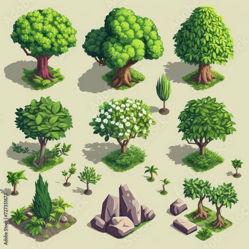 Collection of tree in isometric view   created as a mobile game environment asset