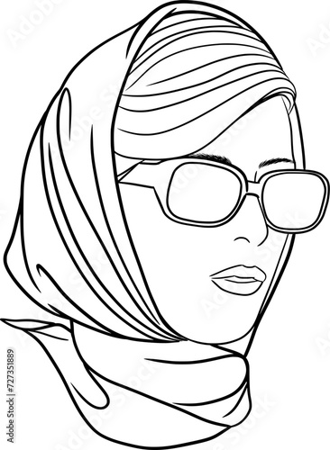 beautiful girl in glasses and headscarf outline illustration	
