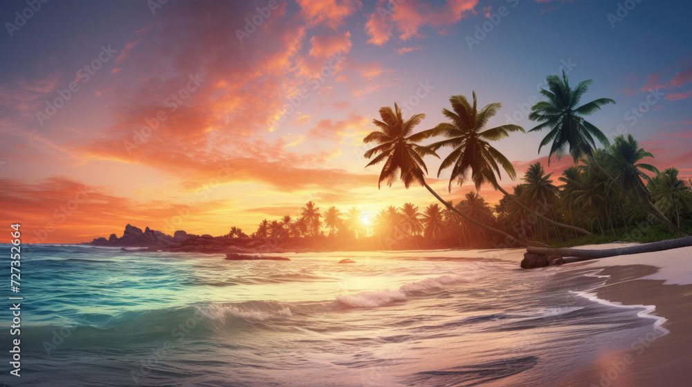 Relaxing beach with palm trees and a blue ocean at dawn or sunset. Panorama of a peaceful landscape - Generative AI