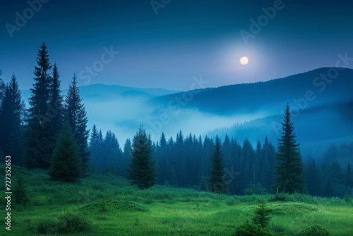 Fir trees on meadow between hillsides with conifer forest in fog with sun and moon at twilight. day and night time change concept.