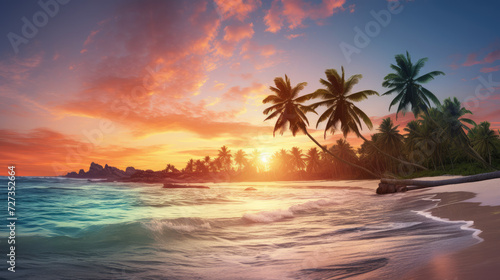 Relaxing beach with palm trees and a blue ocean at dawn or sunset. Panorama of a peaceful landscape - Generative AI © Prime Lens
