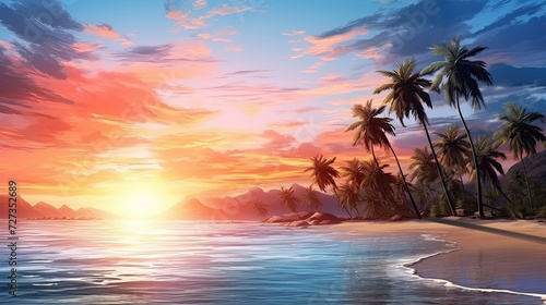 Relaxing beach with palm trees and a blue ocean at dawn or sunset. Panorama of a peaceful landscape - Generative AI