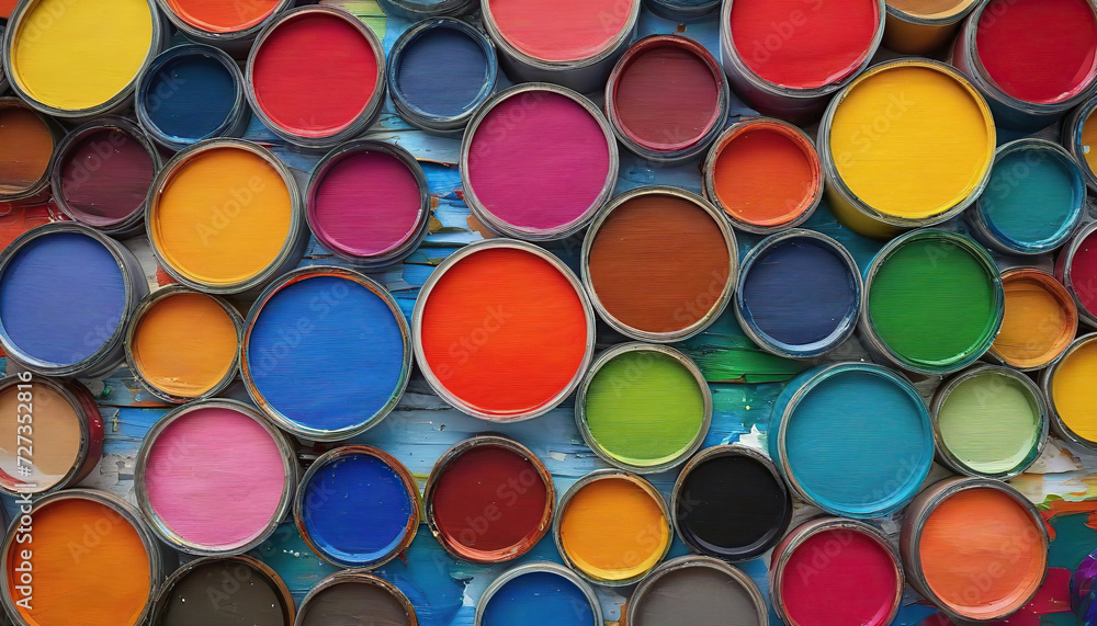 Colorful paint cans on a blue wooden background, close-up Colorful paint cans on a blue wooden background, close-up