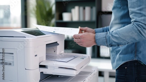 Worker's hands at work printing data sheets in a laser printer at the office. Business Documents concept photo