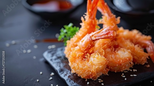Crispy fried prawns served on a dark table.