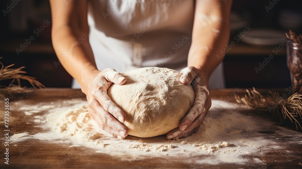 Bakery or homemade bread in process, chef woman in apron kneading dough for bread