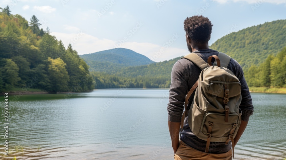 Backpacker by the lake, drinking in the sight of majestic mountains, ready for nature's challenge Backpacker by the lake, drinking in the sight of majestic mountains, ready for nature's challenge