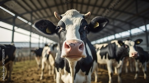 A close-up portrait of a dairy cow in a barn