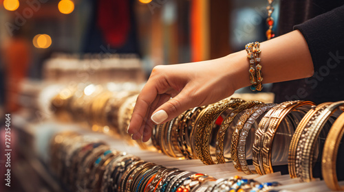 Woman hand choose bracelet in a shop