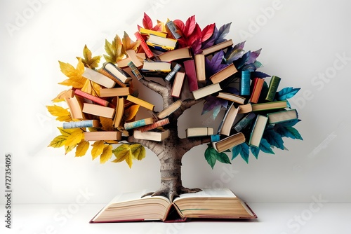 Tree with books like leaves. Literacy, education, and knowledge concepts with colored books on a tree 