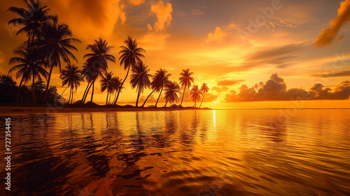 paradise tropical island beach at sunset, golden hues reflecting on the water, silhouettes of palm trees against a fiery sky. Gentle waves lapping the shore, Generative AI