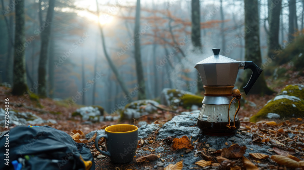 Coffee making while stopping for a break in a nature hiking spot with a forest view Coffee making while stopping for a break in a nature hiking spot with a forest view