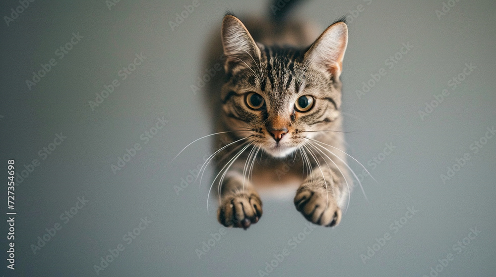 Tabby cat looks at the camera on gray background while jumping. Curious animal flying