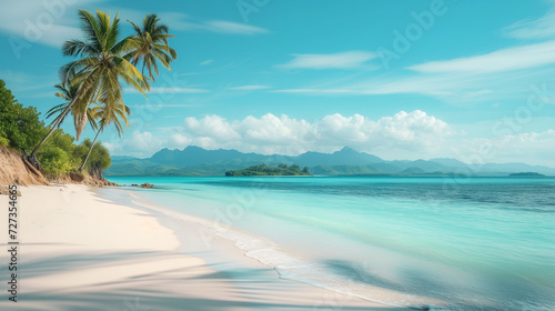 paradise tropical island beach  white sandy shores  palm trees swaying in the breeze  crystal-clear turquoise water. Early morning light with soft pastel sky  Generative AI