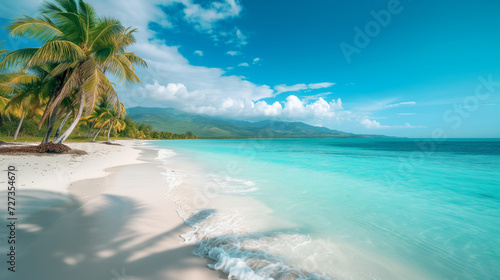 paradise tropical island beach, white sandy shores, palm trees swaying in the breeze, crystal-clear turquoise water. Early morning light with soft pastel sky, Generative AI