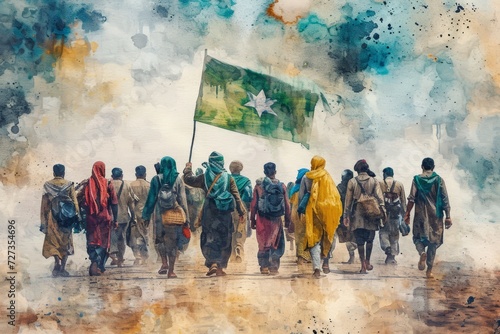 Illustration of Pakistani History watercolor paint. History of Pakistan. Culture of Pakistan in watercolor colors. Pakistani culture watercolor paint Illustration. Horizontal format