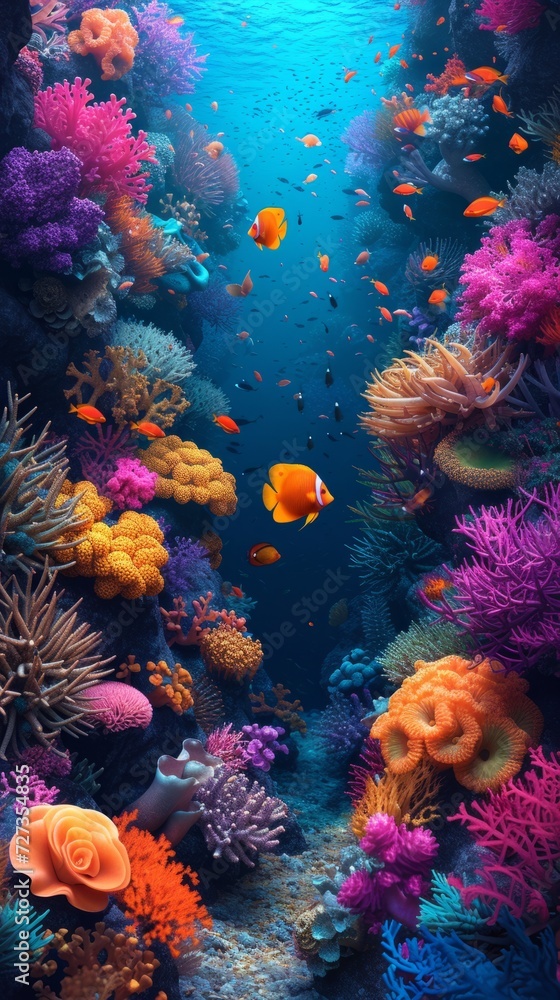 Vibrant coral reef with tropical fish; ideal for wildlife, marine ecosystems, and underwater beauty themes.