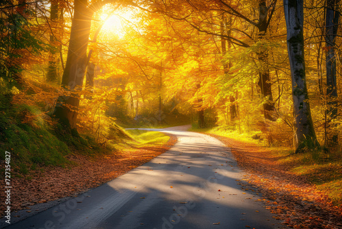 Autumn  fall scene. Autumnal landscape with empty countryside road and colored trees. Sun shining through the trees.