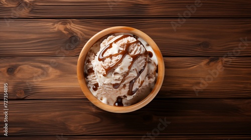 Top View of a Delicious Bowl of Ice Cream on a Wooden Table