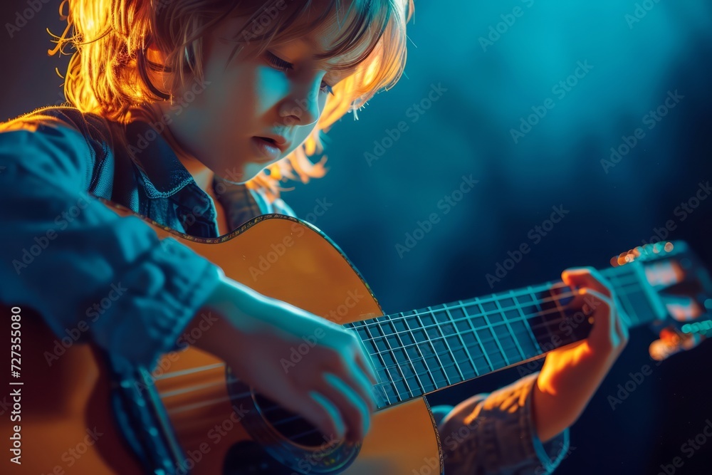 Obraz premium Young child playing guitar with focus, warm tones, and artistic lighting. Perfect for music and education themes.
