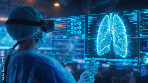 Diverse surgeons in AR headsets work in operating room using futuristic holographic display. 3D graphics of virtual human skeleton and organs. Technology of AI-assisted surgery. High-tech medicine.