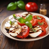 Photo of a Delicious Plate of Caprese Salad on a Wooden Table
