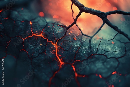 Abstract chemogram, chemigram wallpaper, texture portraying a close up of a colored cracks and veins in the ground. desolate reminder of a harsh drought.  photo