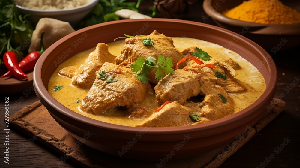 Photo of a Delicious Plate of Chicken Curry on a Wooden Table Photo of a Delicious Plate of Chicken Curry on a Wooden Table
