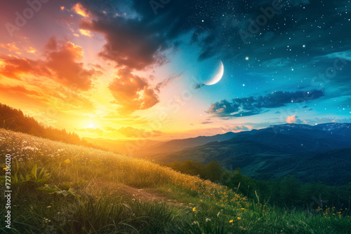 Fototapeta Naklejka Na Ścianę i Meble -  Day and night time change concept above the mountain landscape in spring.