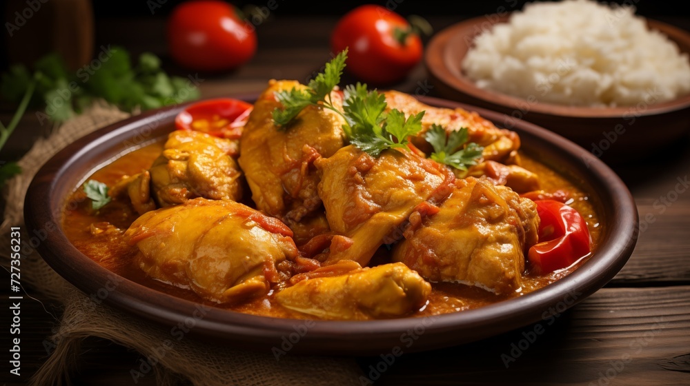 Side View of a Delicious Plate of Chicken Curry on a Wooden Table