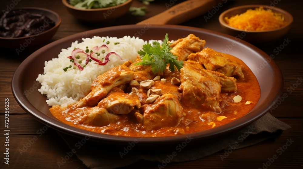 Side View of a Delicious Plate of Chicken Curry on a Wooden Table Side View of a Delicious Plate of Chicken Curry on a Wooden Table