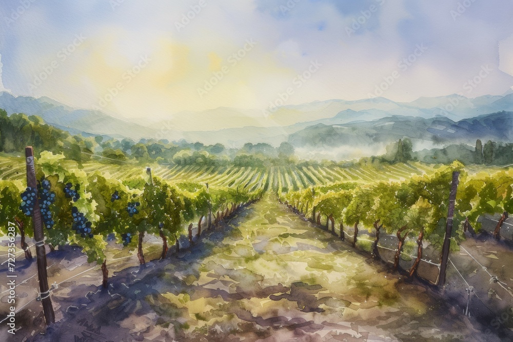 Watercolor drawing of a grape field. Background with selective focus and copy space