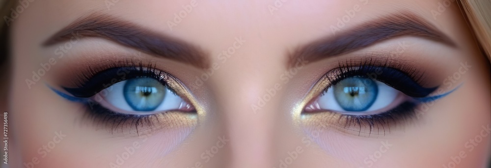 Fototapeta premium Eye makeup closeup. Very beautiful eyes. To advertise cosmetics for eyes. Beautiful female eyes with long lashes. beautiful make-up and eyebrows. Beautiful blue eyes. Makeup and Cosmetology concept