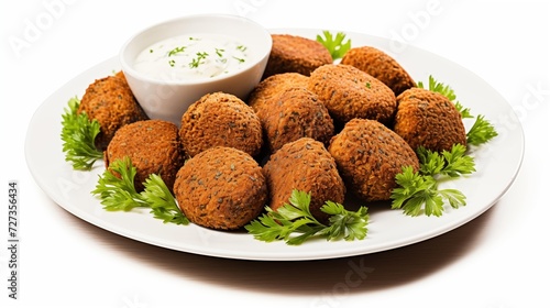 Side View of a Delicious Plate of Falafels with Tahini on a White Background