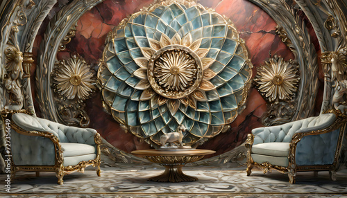 Embrace a modern and chic atmosphere with a 3D wallpaper stretch ceiling, featuring an artistic mandala and decorative frame on a backdrop of timeless red and marble. photo