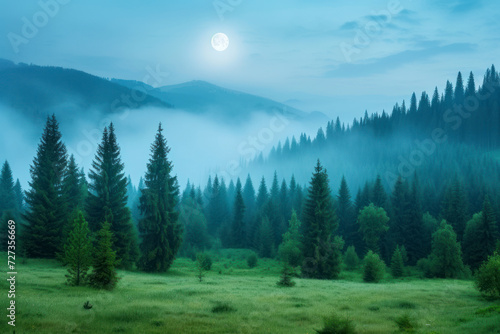 Fir trees on meadow between hillsides with conifer forest in fog with sun and moon at twilight. day and night time change concept.