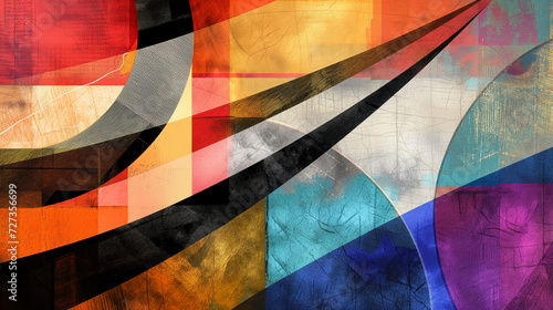 Abstract digital collage with overlapping layers of textured paper, geometric shapes, and vibrant colors
